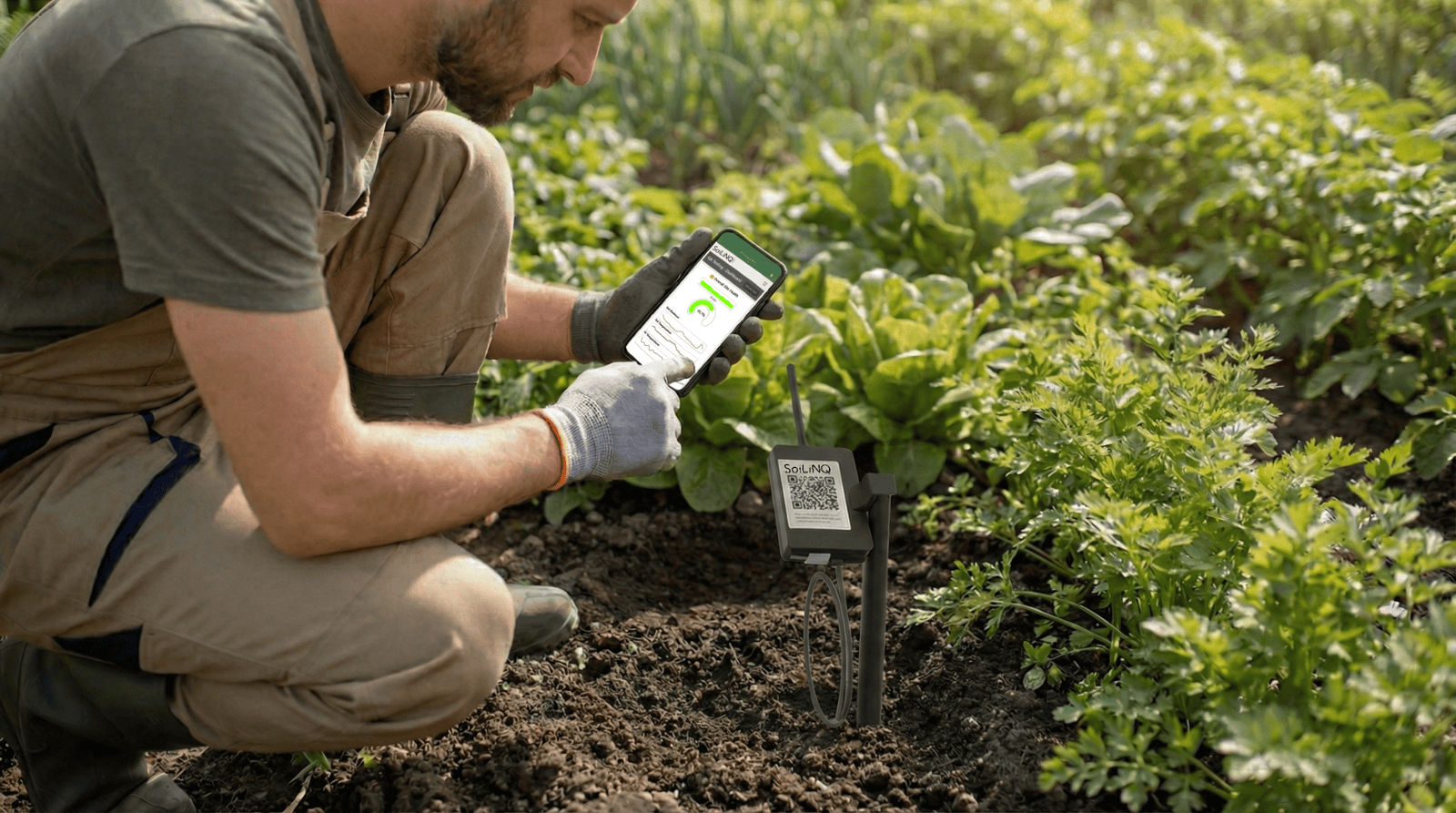 A farmer kneeling beside a soil health sensor in a farm field, looking at soil health information using a phone app.